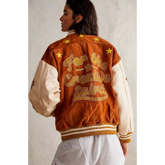 Free People $698 Jackie Varsity Embroidered Letterman Bomber Jacket Size Small